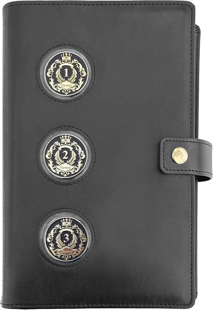 GALILEO® 3-Coin Pocket Double AA Book Cover | Showcase Your Journey | 12 Steps & 12 Traditions | PU Leather Coin Holder | AA Gift | Alcoholics Anonymous (Pure Black/ 3 Medallion Pockets)