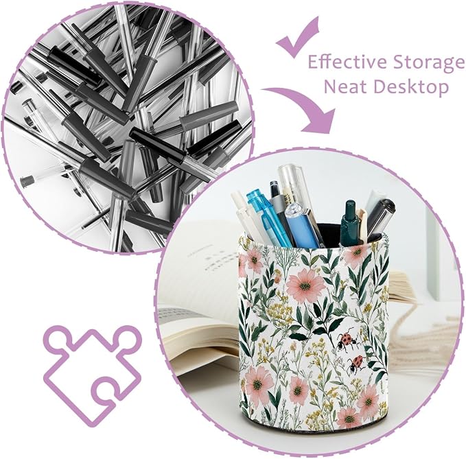 Leather Pen Holder for Desk, Pink Flower Makeup Brushes Holder Pencil Cup Multifunctional Desktop Organizer Caddy for Home School Office Desk Accessories