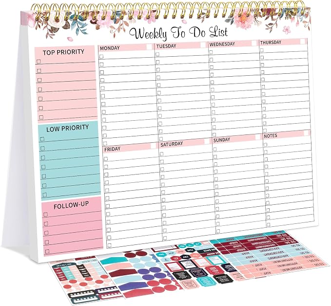 Weekly To Do List Notepad with 52 Undated Sheets, 8.5"×11" Weekly Desk Planner Undated Weekly Planner with Spiral Bound for Women & Man Home School and Work, Pink