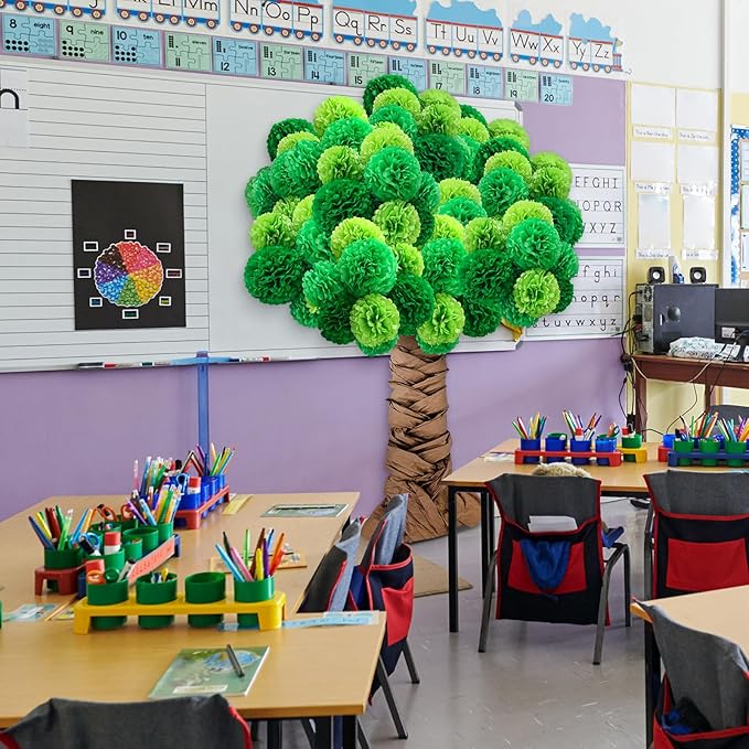 Mooliwe Classroom Tree Bulletin Board Set DIY 3D Cardboard Tree with Paper Pom Poms Kraft Craft Bulletin Board Wall 3D Decorations for School Elementary Teacher Chalkboard (Green,8, 10, 12 Inch)