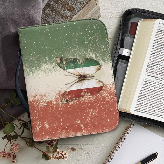 Vintage Butterfly Bible Cases for Woman 3 Color Bible Carrying Book Case Bible Protective with Handle and Zippered Pocket-size：L