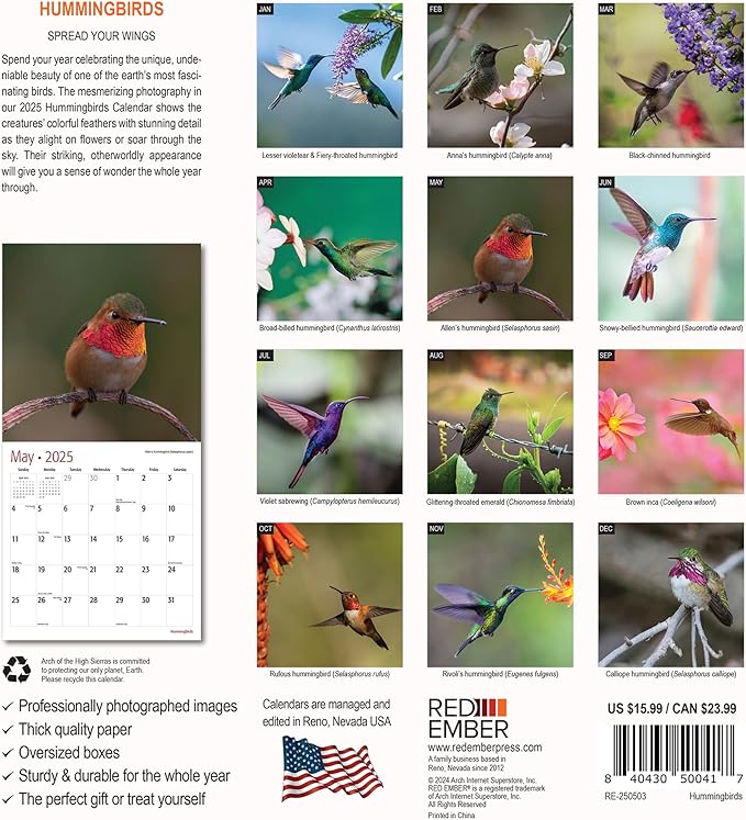 RED EMBER Hummingbirds 2025 Wall Calendar 12 Month | 12" x 24" Open | Thick & Sturdy Paper | Giftable | Calendar 2025