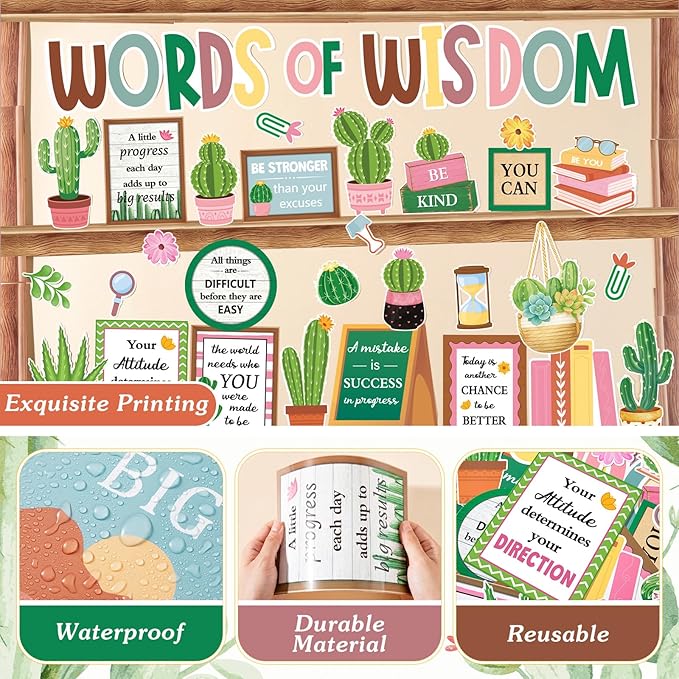 Mooliwe 57 Pcs Cactus Bulletin Board Set Inspirational Summer Bulletin Board Decoration Positive Cutout Classroom Decoration for School Office Home Teacher Classroom Wall Supplies