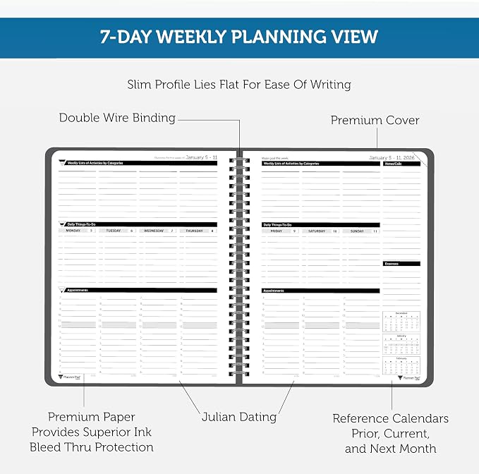 Planner Pad Spiral Bound January-December 2026/ Calendar Year 6 3/4" x 8 1/2" Medium 3-Tier Funnel Down 12 Month Organizer, Black Cover/Black Ink