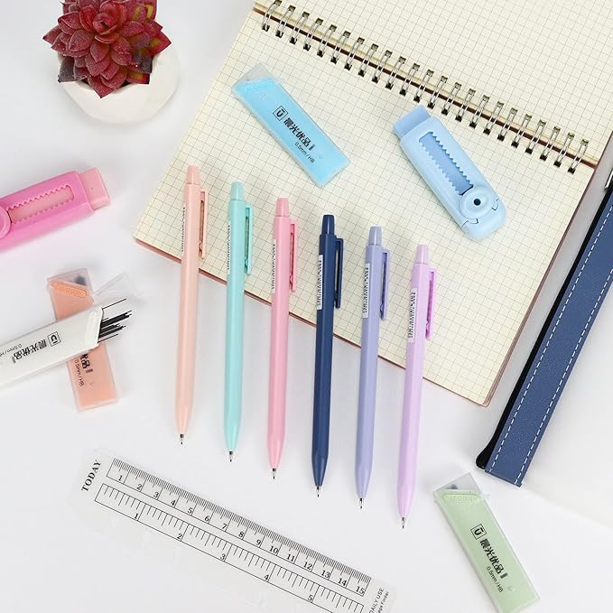 Mechanical Pencil Set - 6PCS 0.5mm Cute Pastel Mechanical Pencils, 2Push-Pull Retractable Eraser with 80PCS HB 0.5 Lead Refill and Clear Zipper bag Pencil Kit for Art, Drawing Pencils for Sketching