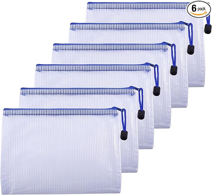 6 Pcs 4.72" x 6.3" A6 Sizes Mesh Zipper Pouch Bags, Mesh Bags with Zipper，Waterproof Clear Document Pouch for Organization Puzzles Travel, Office, Classroom Organization, A6 White