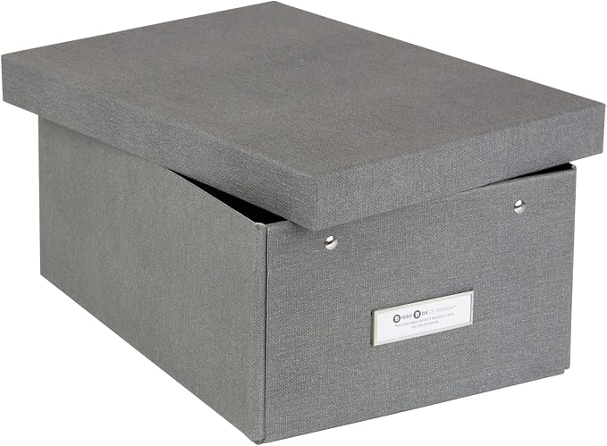 Bigso Karin KD Collapsible Storage Box with Labelframe for Easy Identification - Simple Assembly without Tools - Decorative Storage Boxes with Lids - 8.9in x 12.4in x 5.4in - Light Gray (Pack of 2)