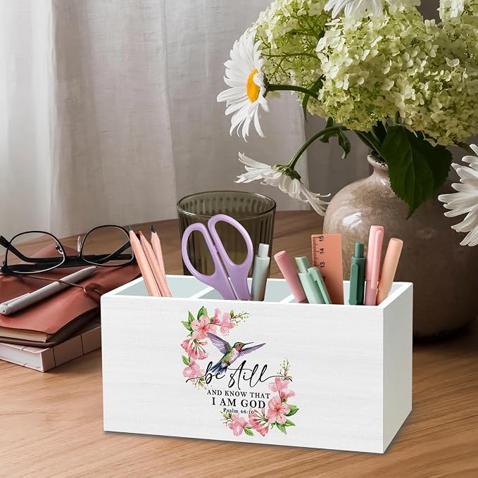 DILSJ Christian Bible Verse Pen Pencil Holder Organizer for Desk, Hummingbird Gifts for Women, Be Still And Know That I Am God Wooden Box Signs for Home Office Church Desk Tabletop Decoration