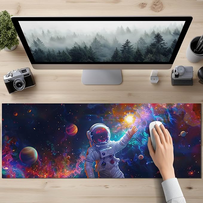 HOMETITUTE XL Mouse Pad 31.5 x 11.8 in Space Astronaut Desk Mat Large Extended Keyboard Mousepad Non Slip Waterproof Nebula Design for Gaming Office Home