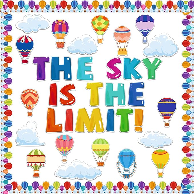 Kepeel Hot Air Balloon Classroom Bulletin Board Decorations with Inspirational Sayings, The Sky is The Limit Art Cutouts for Kids Back to School Kindergarten Classroom Office Nursery Party Supplies