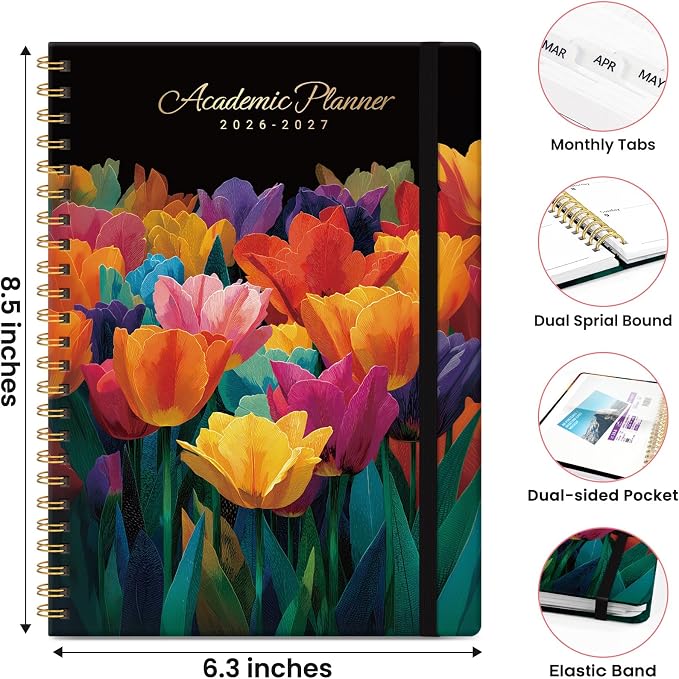 Planner 2026-2027, Monthly and Weekly Calendar Academic Planner July 2026 - June 2027, Hardcover Student Teacher Planning Agenda Book with Tabs, Perfect for Office School Supplies, A5 (6.3" x 8.5") - Tulip Blaze