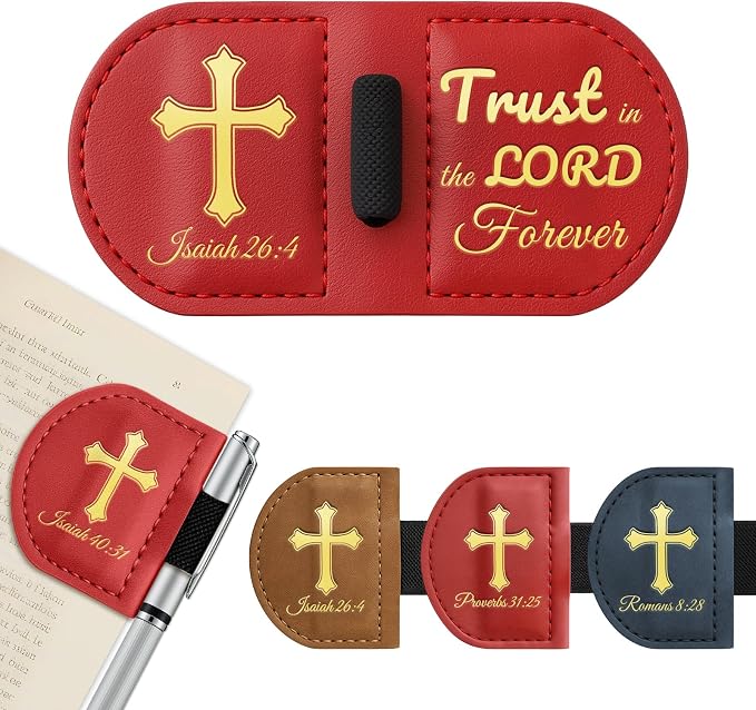 Personalized Magnetic Leather Bookmark with Pen Holder - Bygone Mark Custom Bible Verse Bookmarker,Book Marker for Men & Women,Book Lovers,Readers,Church(Red,Isaiah 26:4)