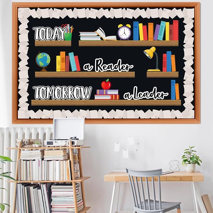 Qilery Bookshelf Bulletin Board Set Today a Reader Tomorrow a Leader Motivational Classroom Decor Reading Library Bulletin Board Set Inspirational Cutout for Back to School Classroom Decoration