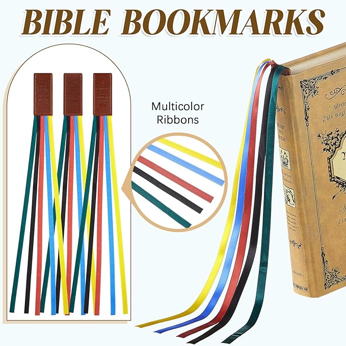 Outus 3 Pieces Bible Ribbon Bookmark Markers Artificial Leather Bookmark with Ribbons for Books Office(Encourage,Yellow,Blue,Red,Green)