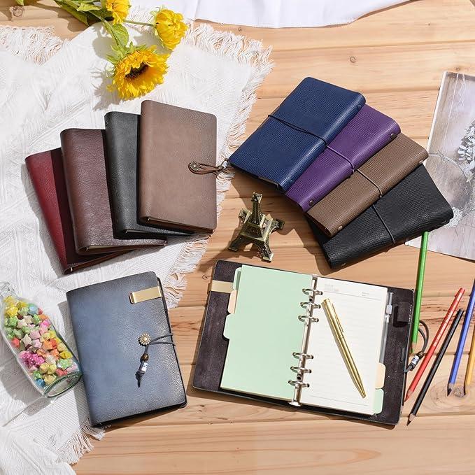 WONDERPOOL Leather Journal Lined Paper Notebook & Pen - Refillable 6 Ring Binder Writing Spiral Diary with Ruled Notepads Vintage Cover for Office Travel Work and Plan Agenda (a-Green, A6)