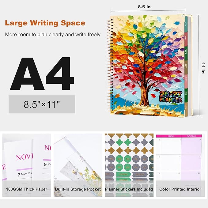 Planner 2026-2027, 18 Month Weekly and Monthly Planner Calendar with Tabs, Jul 2026–Dec 2027, Large 8.5" x 11" A4 Hardcover Spiral Agenda Planner, Colorful Art Tree Design for Home, Work, School and Teacher