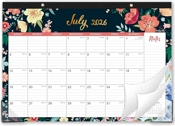 Desk Calendar 2026-2027 - 18 Monthly Desk/Wall Calendar, Jul. 2026 - Dec. 2027, 17" x 12", Thick Paper with Corner Protectors, Large Ruled Blocks - Floral