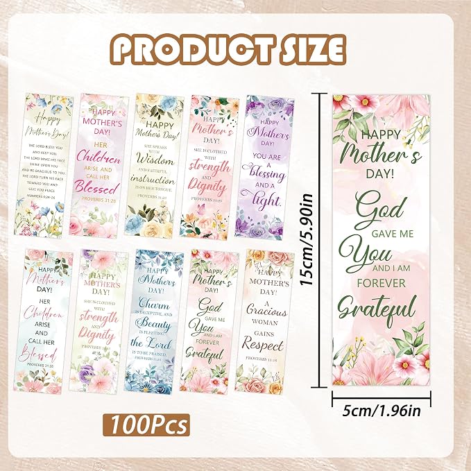 100 Pcs Mothers Day Bookmarks Bulk, Christian Bible Book Marks for Women with Floral Scripture, Religious Page Markers Pastor Wife Appreciation Mothers Day Gifts for Mom Gradma Teacher's