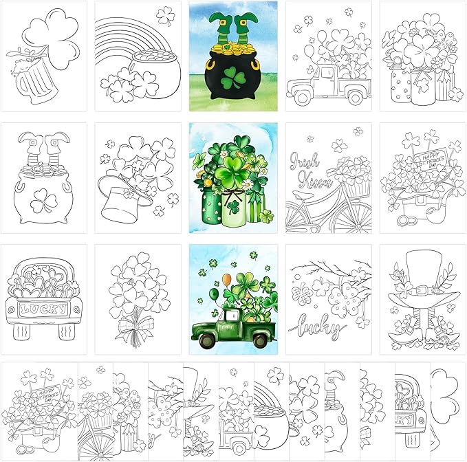 COCHIE 36PCS 8x10 Inches St. Patrick's Day Coloring Pages for Kids, Bulk Color Your Own Sanit Patricks Shamrock Paper Crafts Party Favors, Small Coloring Sheets Holiday Gifts
