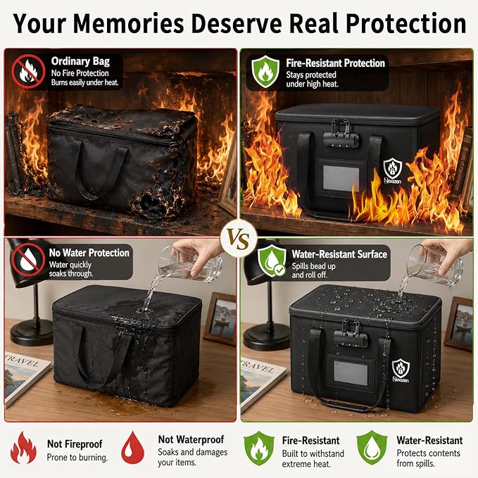 Fireproof Photo Storage Box with Lock, Holds 20 Inner 4"x6" Photo Cases, Waterproof Picture File Organizer, Portable Photos Boxes Containers for Valuables, Photos, Crafts, Documents (Small)