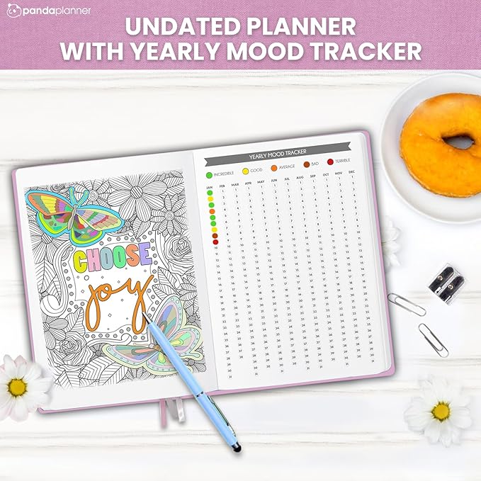 Panda Planner Mental Health Journal – 8.5” x 11" Soft Fabric Hardcover Wellness Planner with Mood Tracker & Daily Reflection Prompts – Undated 12-Month Self-Care Organizer with 3 Bookmarks (Pink)