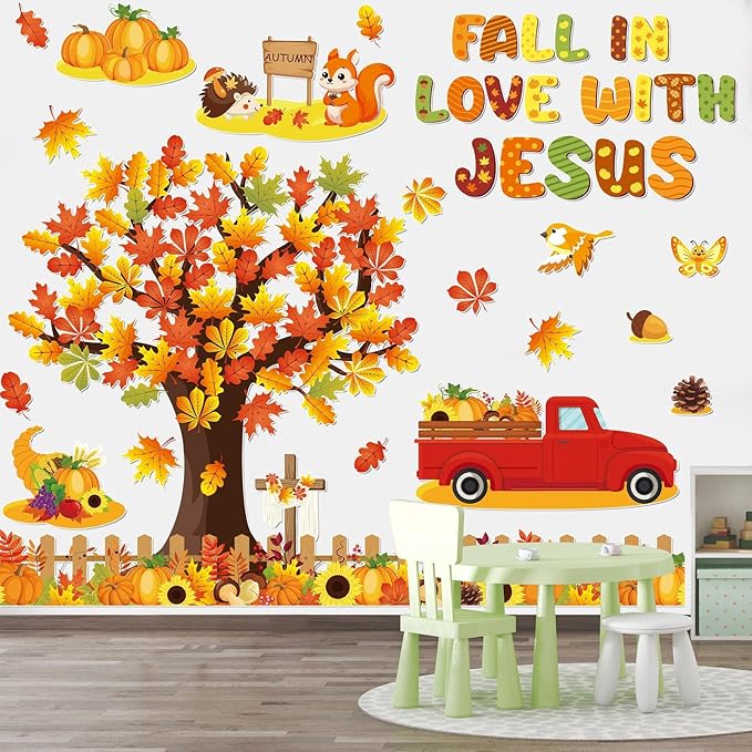 gisgfim Fall Thanksgiving Bulletin Board Decorations Fall in Love with Jesus Paper Cutout Christian Tree Bulletin Board Set for Religious Autumn Church Sunday School Classroom Home Wall Decor Supplies