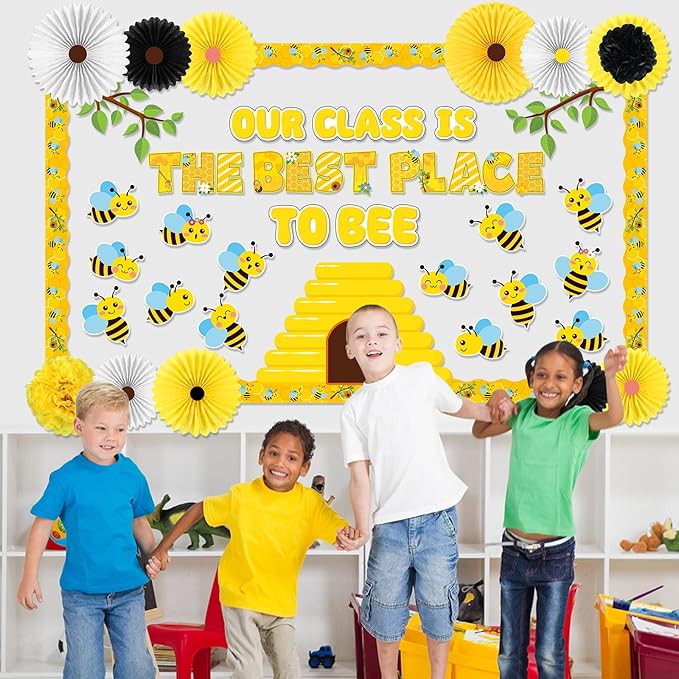 Bee Classroom Bulletin Board Decorations 3D Summer Bee Hive Cutouts with Paper Fans Pom Poms Our Class is to Be The Best Place Cutouts for Classroom Back to School Door Chalkboard Wall Decor Supplies