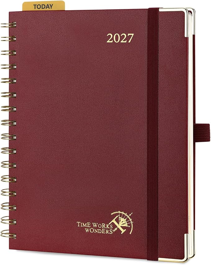 POPRUN 2027 Planner Daily Weekly and Monthly Calendar with Hourly Schedule(Medium Size 8.5'' x 6.25'' Wire-Bound Hard Cover) - Agenda 2026 (Jan.2027-Dec.2027), Monthly Tabs - Burgundy