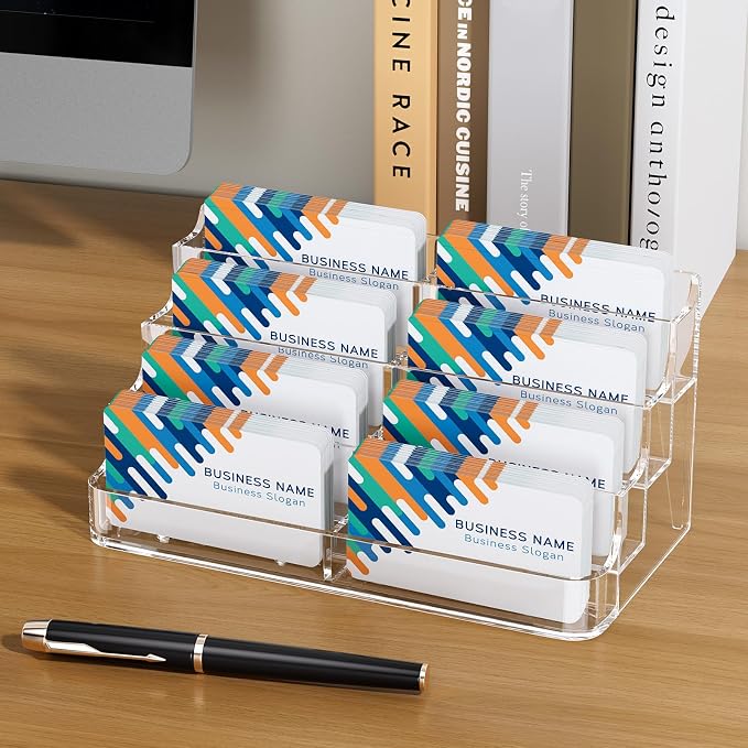 MaxGear 2 Pack Acrylic Business Card Holder for Desk, Clear Desktop Business Card Display Stand with 8 Pockets, 4-Tier Freestanding Card Organizer for Office, Reception, Countertop