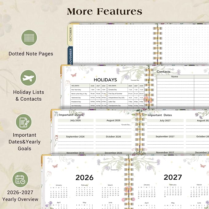 Academic Planner 2026-2027, 18 Months Weekly and Monthly Calendar Planner from July 2026 - December 2027, 7.3" x 10" B5 Large Hardcover Agenda Organizer Book with Tabs, Yearly Daily Planners for School Work Student Teacher, White Spring flower