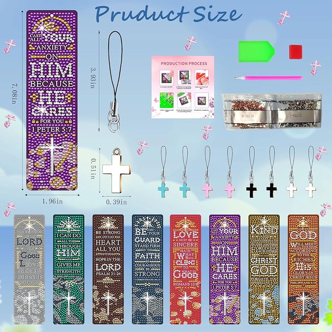 8PCS Diamond Painting Art Bookmarks,Cute Acrylic Bookmarks Crafts Kits Gifts with Pendants for Adult Women Book Lovers (Christian)