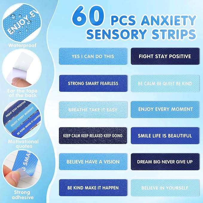 Sabary 60 Pcs Mental Health Awareness Anxiety Sensory Stickers Bulk Sensory Strips Anxiety Calm Textured Strip Stickers with Inspirational Quotes Different Styles for Adults Relief (Gradient,Blue)