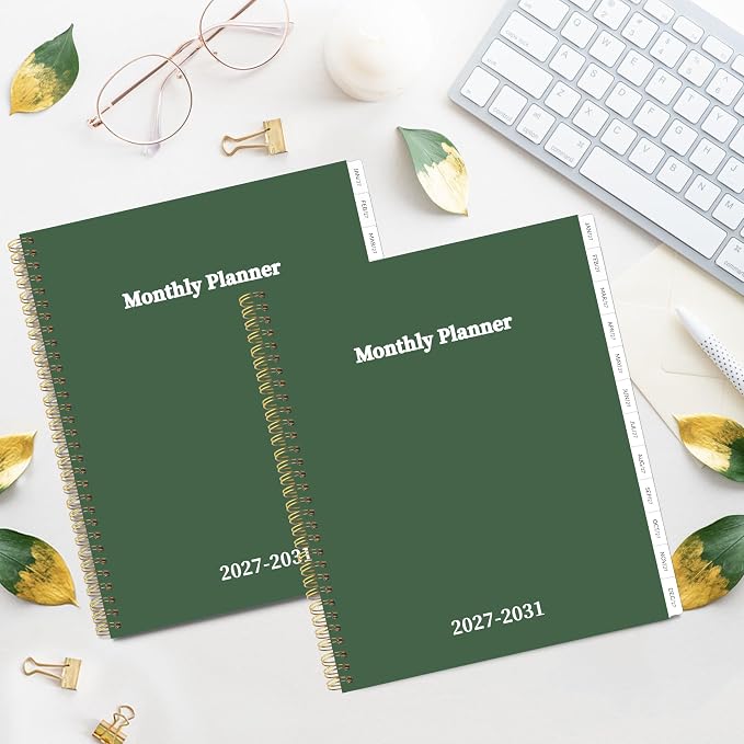 2027-2031 Monthly Planner 5 Year Monthly Planner/Calendar 2027-2031, Jan 2027 – Dec 2031, 9" x 11", Tabs, Double-Side Pocket, Holidays, Thick Paper - Dark Green