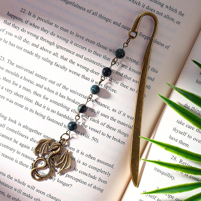 Vintage Witch Brass Metal Copper Bookmark with Dragon and Bead Chain Pendant–Wicked,Handmade Sodalite Bookmarks for Reading Women,Men,Book Lovers,Girls,Teens,Teachers and Students