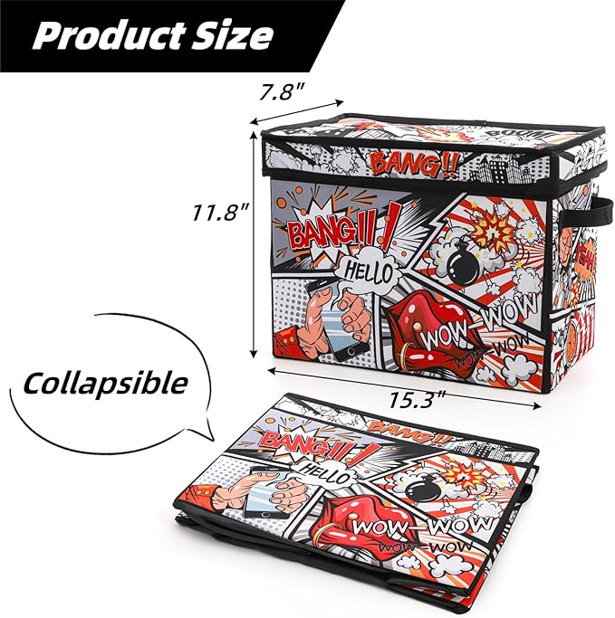Comic Book Storage Box, 15.3" x 7.8" x 11.8" Large Comic Book Case, Oxford Fabric Organizer, Collapsible Storage Bin with Lid and Handles for Books Magazines Collections, Cartoon Colorful