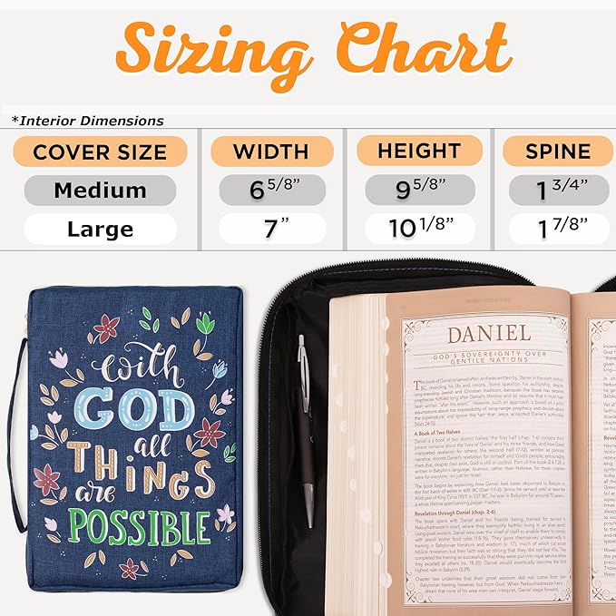 Christian Art Gifts Men/Women's Bible Cover with God All Things are Possible Matthew 19:26, Blue Floral Canvas, Medium