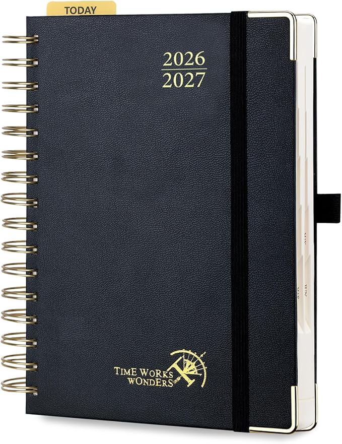 POPRUN 2026-2027 Daily Planner One Page Per Day, 5.75" x 8.5", Academic Daily Calendar Book with July 2026 to June 2027, Hardcover Appointment Book with Hourly Time Slots, Spiral Bound, Monthly Tabs - Black