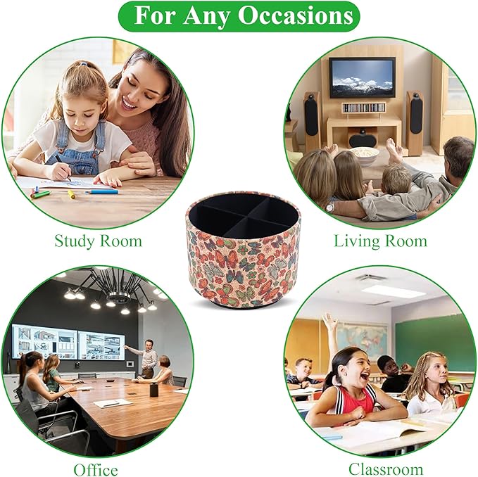 Round Leather Art Supply Organizer,Remote Control Holder,360 Degree Spinning,Multi-Functional Pencil Holder,4 Compartments Desktop Stationary Organizer(1-Color Butterfly)