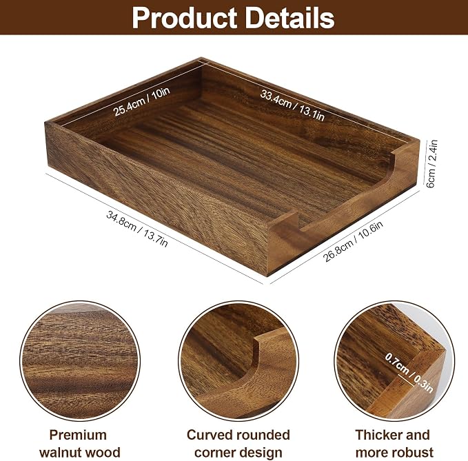 Multibey Walnut Wood Letter Tray for Desk, A4 Paper File Holder Organizer with Rounded Corners, Paper Document File Tray Storage Holder for Office & Home School, Black Walnut