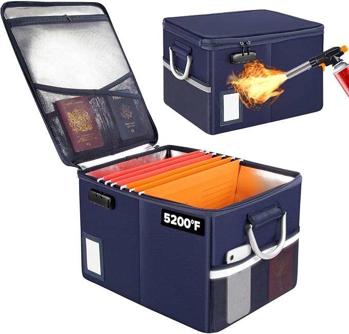 TOMKID 5200°F Fireproof Document Box, Fire Important Document Organizer with Lock, Upgraded Heat Insulated Filing Storage Cabinet Office Organization (5200°F Fireproof Box, Blue)
