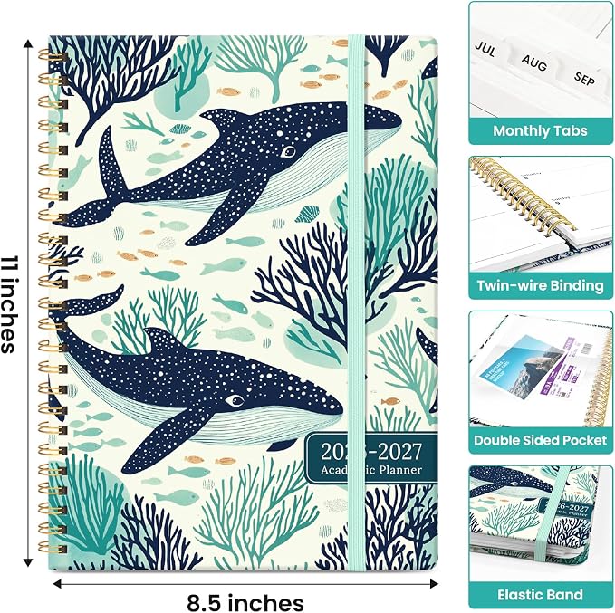 Planner 2026–2027, Weekly & Monthly Academic Organizer for School Year, Jul 2026–Jun 2027, Hardcover Planner with Tabs, Back to School Essential, 8.5" x 11", Drifting Whales