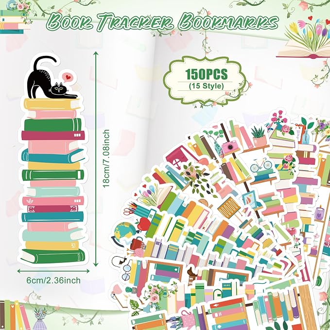 150 Pieces Book Tracker Bookmarks Bulk Bookshelf Design Double-Sided Reading Page Markers Bookmarks for Book Lovers Reading Women Students School Supplies