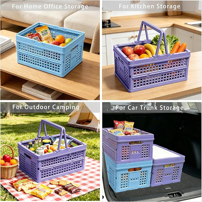 Collapsible Storage Crate with Lid, Folding Crates Bins, Stackable Plastic Storage Baskets with Handle for Home Organization, Office, Picnic, Camping, Groceries, Car Trunk(13.6x9.6x7.28 Inch, Purple)