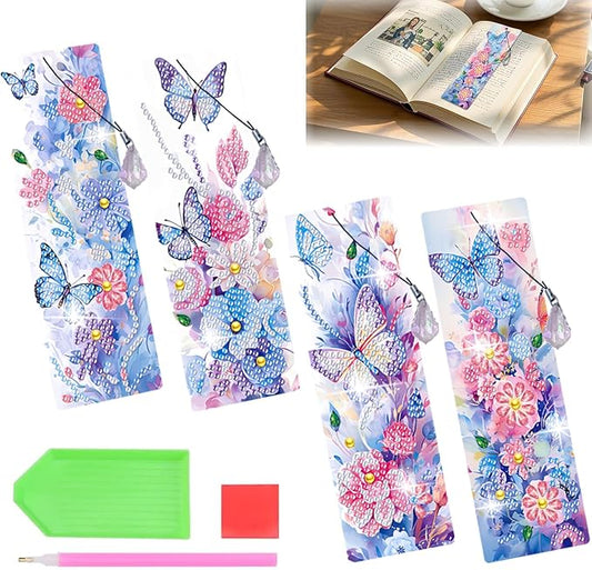 ACSAUMMY 4pcs Butterfly Diamond Painting Bookmark, 5D Diamond Art Bookmarks with Flower Design Beaded Rhinestone Pendant DIY Diamond Art Kits for Adult Crafts Reading Women Beginner Birthday Gift