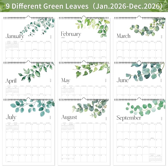 Aesthetic 2026 Wall Calendar - 12 Monthly Calendar from January 2026 to December 2026, 14.5" x 10.5", Modern Vertical Wall Hanging Calendar for Organizing & Planning, Leaves