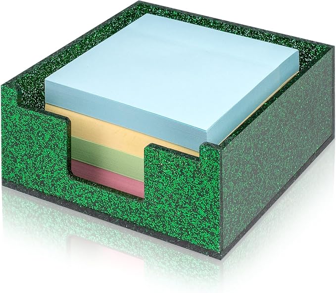 Green Sparkling Sticky Note Holder, Glitter Acrylic Organizer, 3.94 x 3.94 in Multi-Use Tray for Office, School & Home Desk