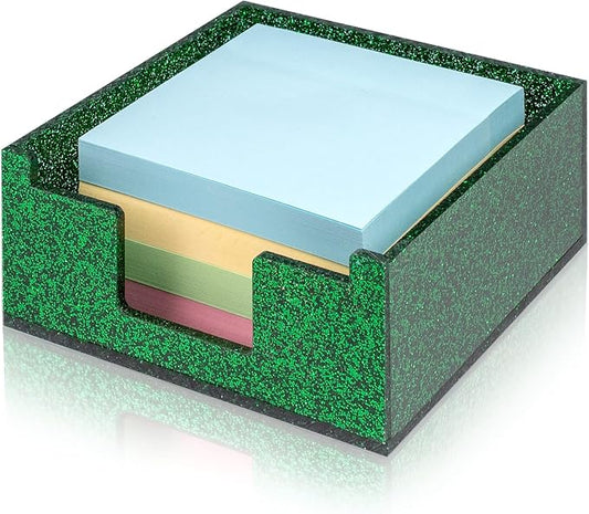 Green Sparkling Sticky Note Holder, Glitter Acrylic Organizer, 3.94 x 3.94 in Multi-Use Tray for Office, School & Home Desk