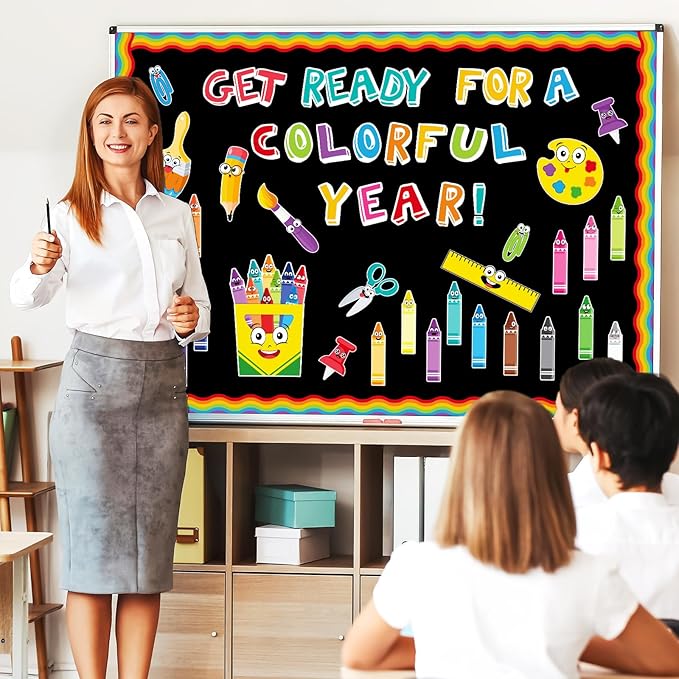 Pasimy 121 Pcs Crayon Theme Classroom Decorations Back to School Bulletin Board Border Set Colorful Crayons Name Tags Cutouts for First Day of School Teacher Supplies Classroom Chalkboard Wall Decor