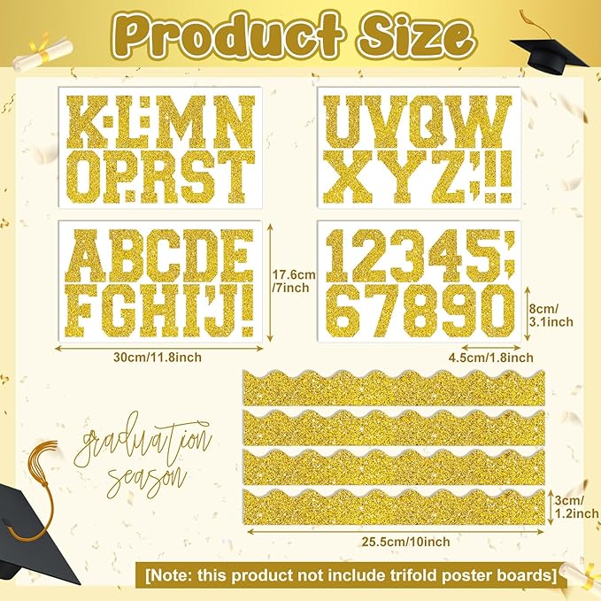 Gold 175 Pcs Graduation Photo Display Board Sticker Glitter Border Trim Alphabet Letter Number for 2026 Grad Party Trifold Poster Photo Display Science Fairs Event Displays Bulletin Board