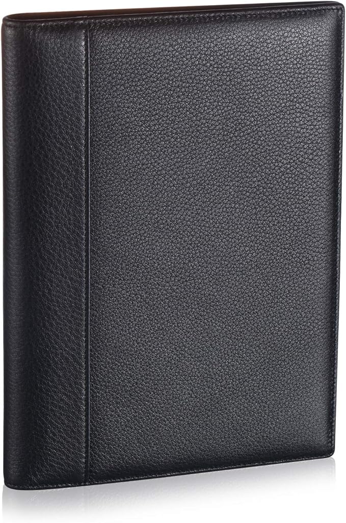 Leather Junior Padfolio for Men & Women with Pen Loop, Italian Calfskin, Business Portfolio Notebook Folder (Pebbled Black)